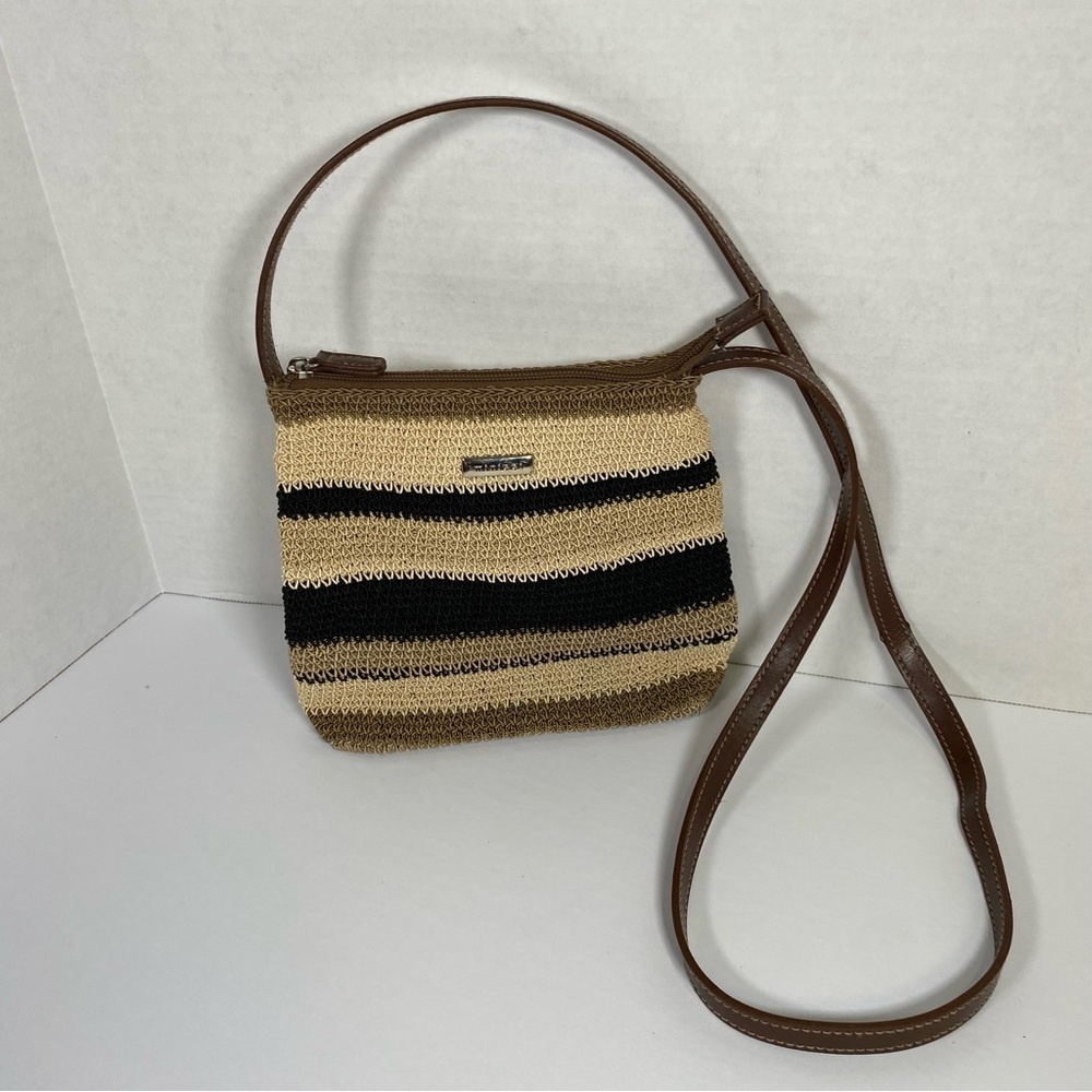 Minicci Woven Textile Striped Small Crossbody Shoulder Bag Purse Black Beige